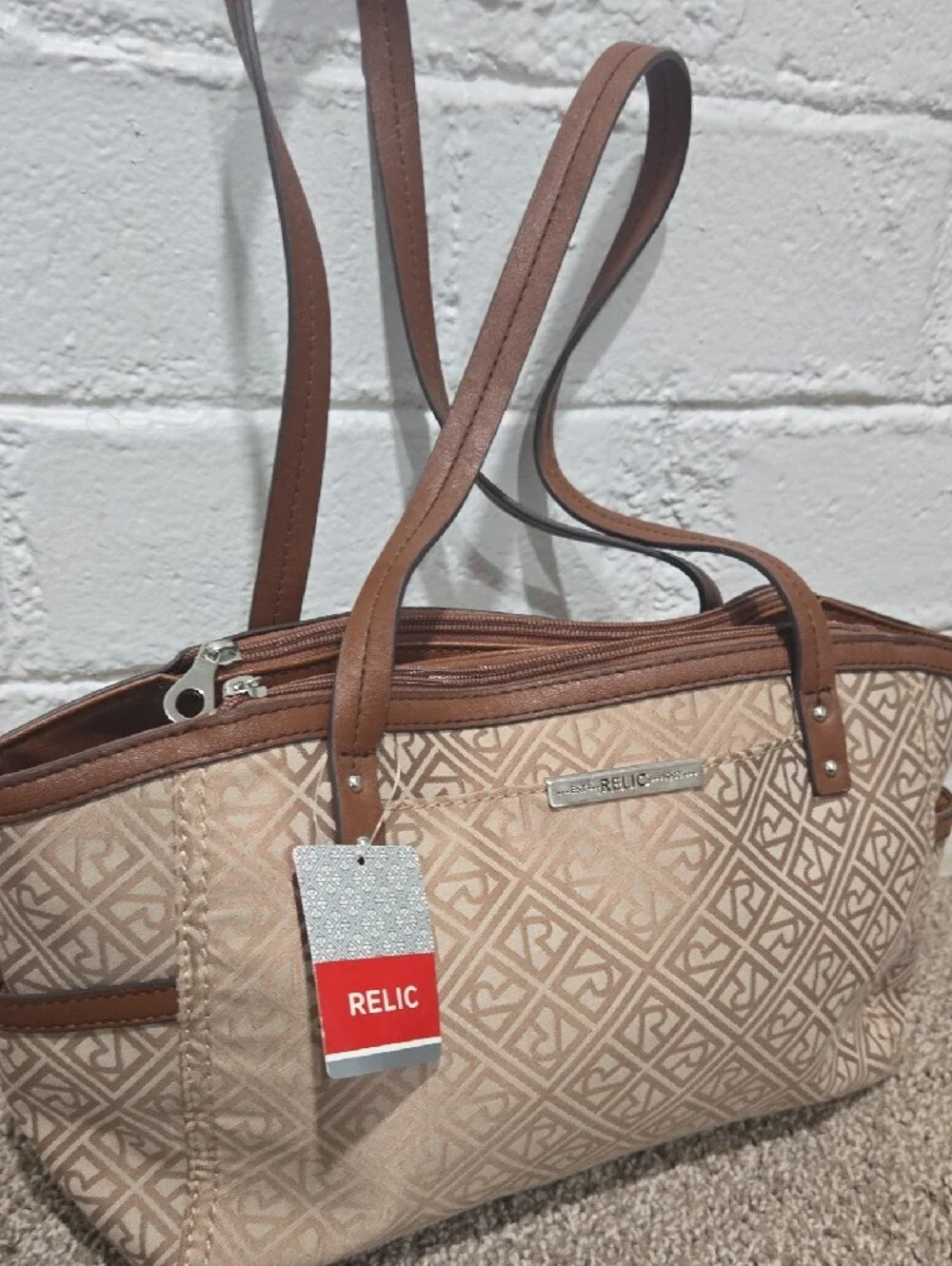 Relic Beige and Brown Geometric Tote Bag